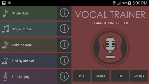 Vocal Trainer main menu with Single Note, Sing a Phrase, Hold the Note, Find By Interval, and Free Singing options