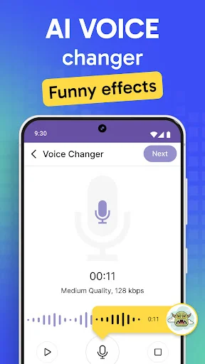 Voice Changer recording interface showing microphone input, audio waveform, duration counter, and quality settings