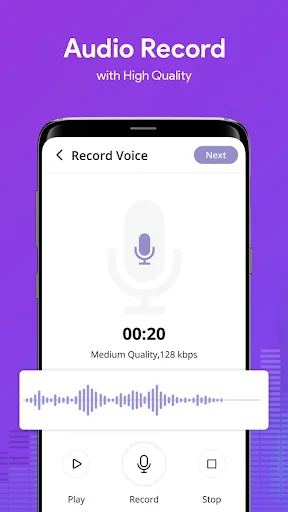 Voice recording interface displaying microphone input, 00:20 timer, and play/record/stop buttons