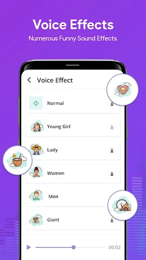 Voice effects panel displaying funny sound effects like Young Girl, Lady, Women, Men, and Giant options