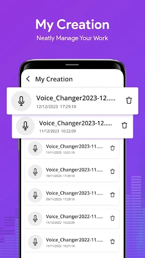 My Creation section with list of saved voice recordings, timestamps, and management delete options