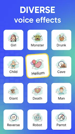 Grid of 12 voice effects including Girl, Monster, Drunk, Helium, Robot, Parrot, and other funny sound effects