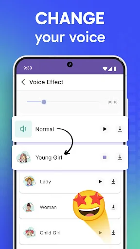 Voice effect selection list showing options like Young Girl, Lady, Woman with play and download buttons