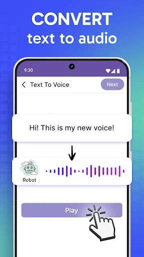Text-to-voice converter interface with text input field, robot effect selection, and play button