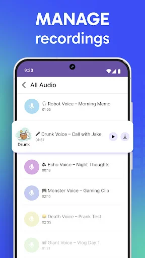 All Audio recordings library displaying list of saved voice recordings with different effect types and durations