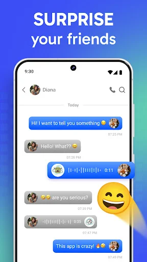 Messaging app interface showing voice messages with changed effects sent to friend Diana
