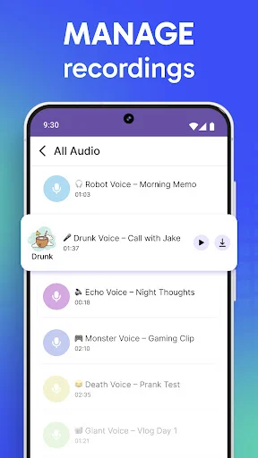 Audio library list displaying saved voice effect recordings for playback and management