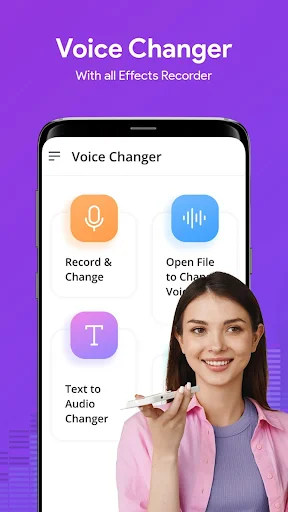 Voice Changer app features overview showing Record & Change, File conversion, and Text-to-Audio options