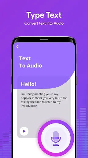 Text-to-audio converter with Hello text entered and microphone icon with centered play button