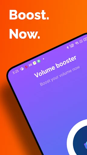 Volume Booster Loud Speaker app hero screen with 'Boost Now' call-to-action on orange background