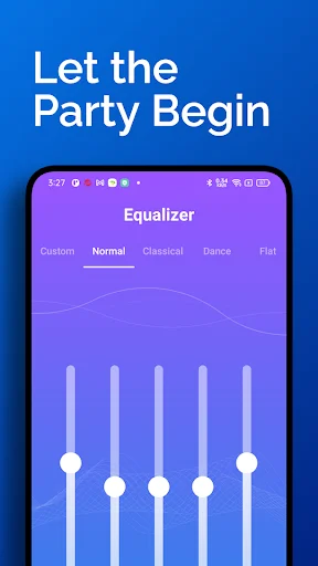 Volume Booster Equalizer with 5-band frequency sliders and audio presets: Custom, Normal, Classical, Dance, Flat