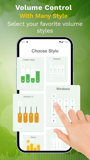 Volume Control app style selection screen showing multiple volume slider design options including custom, Android, Windows, and colorful emoji themed sliders