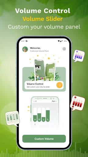 Volume Control dashboard with welcome screen demonstrating custom volume panel personalization and styling features