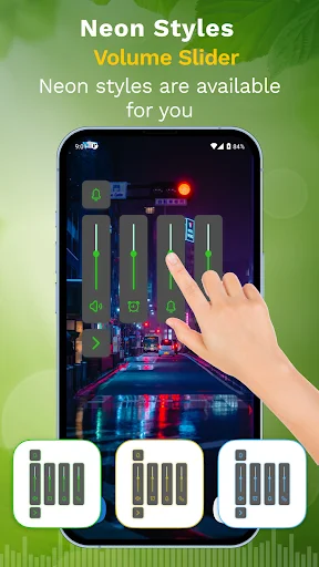 Neon glowing volume slider styles on dark cyberpunk themed interface showing futuristic neon volume control designs