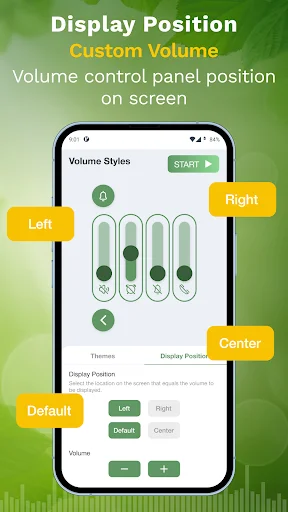 Volume control display position settings screen showing left, right, center, and default position options with visual indicators