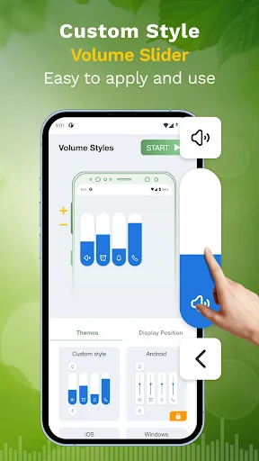 Custom blue volume slider interface with theme selection, display position controls, and easy style application options