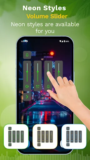 Neon volume slider styles showing glowing futuristic design on dark interface background with multiple style variants