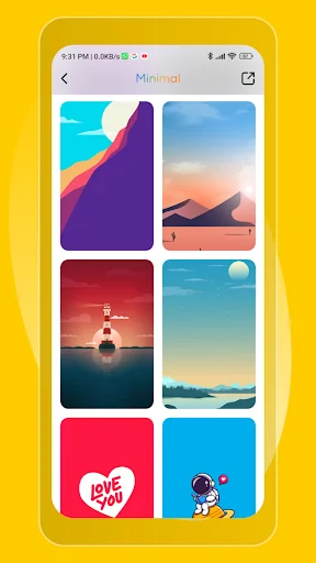 WallWOW Minimal category wallpapers grid displaying aesthetic backgrounds including nature scenes, gradients, and artistic illustrations for personalization