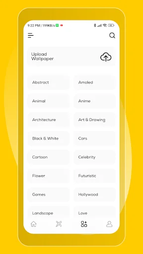 WallWOW wallpaper category menu showing browse options: Abstract, Animal, Anime, Architecture, Cartoon, and other customization categories