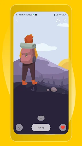 WallWOW wallpaper preview with cartoon character illustration, featuring download button and Apply option for instant device personalization