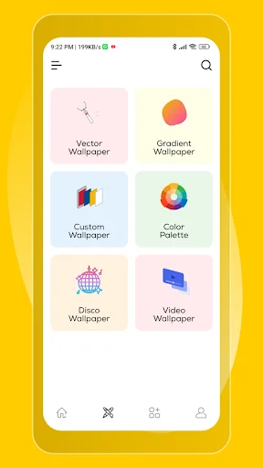 WallWOW creation tools menu showing six wallpaper customization options: Vector, Gradient, Custom, Color Palette, Disco, and Video wallpapers
