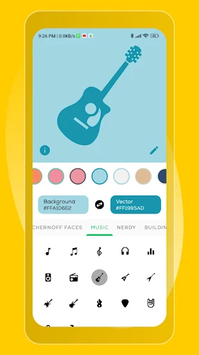 WallWOW wallpaper editor interface for guitar illustration with color palette selector, background choices, and decorative music icon stickers