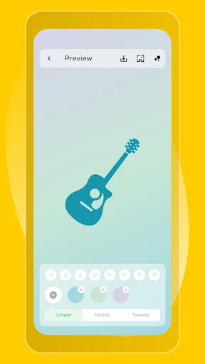 WallWOW wallpaper preview screen displaying guitar design with circular color customization palette and Linear, Radial, Sweeping filter options