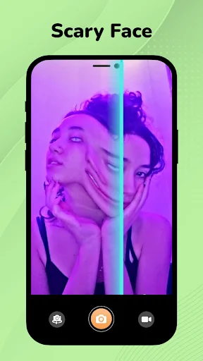 Scary Face filter: purple split-screen distorted facial effect with scan, record, and video controls