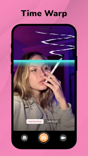Time Warp filter: striped overlay effect on face with horizontal/vertical orientation toggle options