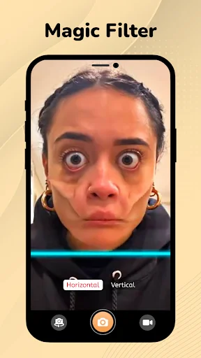 Magic Filter: large eye effect creating surprised expression face transformation with controls