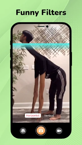Funny Filters: split-screen body transformation with horizontal/vertical orientation toggle options