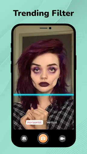 Trending Filter: dark purple goth-style makeup face transformation effect with camera controls
