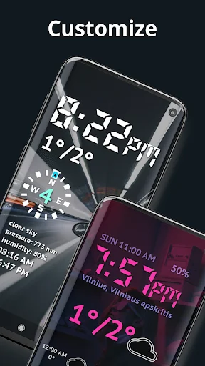Customize weather clock widget with multiple color themes including white and magenta digital displays