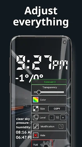 Customization menu for weather clock widget with options to adjust transparency, color, size, and display