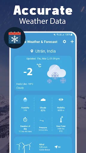 Accurate weather forecast showing -2°C cloudy conditions in Utran, India with real-time humidity, cloud coverage, visibility, pressure, dew point, and wind direction data
