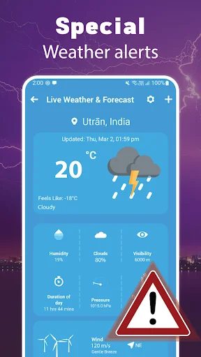 Special weather alert notification displaying 20°C with rain and lightning storm warning, includes temperature, humidity, cloud coverage, visibility, pressure, and hazard icon