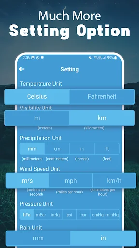 Settings options menu displaying customizable measurement units for temperature Celsius/Fahrenheit, visibility meters/kilometers, precipitation, wind speed, pressure, and rain units