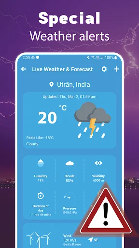 Special weather alert notification displaying 20°C with rain and lightning storm warning, includes temperature, humidity, cloud coverage, visibility, pressure, and hazard icon