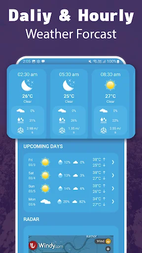 Daily and hourly weather forecast showing time-based predictions from 02:30 am to 08:30 am with temperatures and conditions, plus 7-day upcoming forecast and live radar