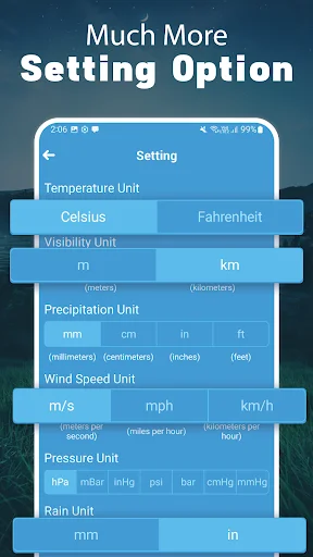 Settings options menu displaying customizable measurement units for temperature Celsius/Fahrenheit, visibility meters/kilometers, precipitation, wind speed, pressure, and rain units