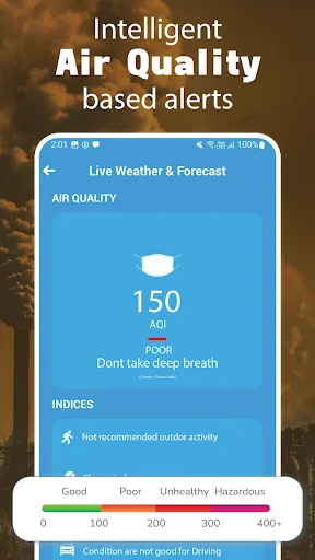Intelligent Air Quality Index alert displaying AQI score of 150 marked POOR with health warning and outdoor activity recommendations based on air pollution levels