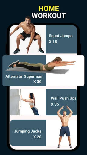 Home workouts: Squat Jumps x15, Alternate Superman x30, Wall Push Ups x35, Jumping Jacks x20 with exercise demonstrations