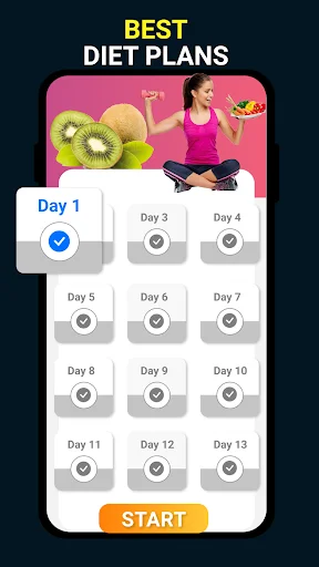 13-day customizable meal plan calendar with Day 1 selected, healthy food options, fitness inspiration, and START button