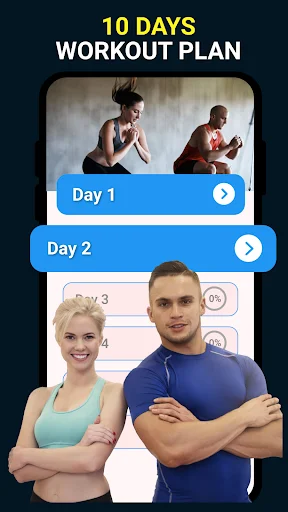 10-day structured workout program with daily exercises and before/after transformation photos for motivation and tracking